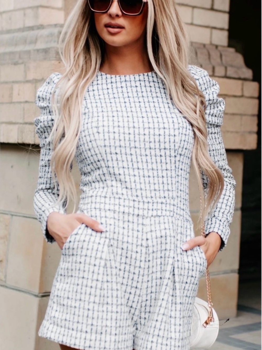 NWT: TCEC Cream and Black Tweed Long-Sleeve Romper
